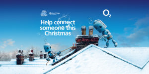 O2 Christmas ad image of robot Buble on a snowy roof helping connect people this Christmas